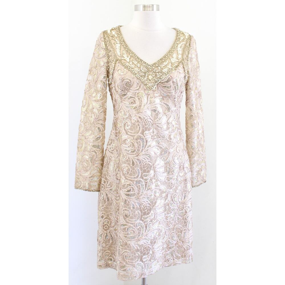 Sue Wong Nocturne Gold Lace Embellished Sequin Cocktail Evening Party Dress Sz 8